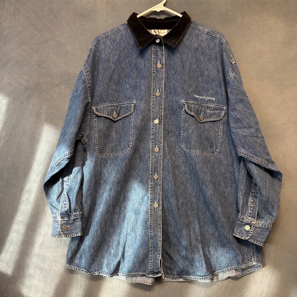 Vintage NY Jeans Denim Shirt L Corduroy Collar Heavyweight Button Up Embroidered